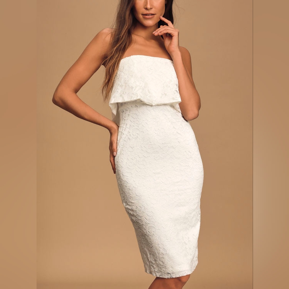Lulu's Let's Go Out Tonight White Lace Strapless Bodycon Midi Dress Size L